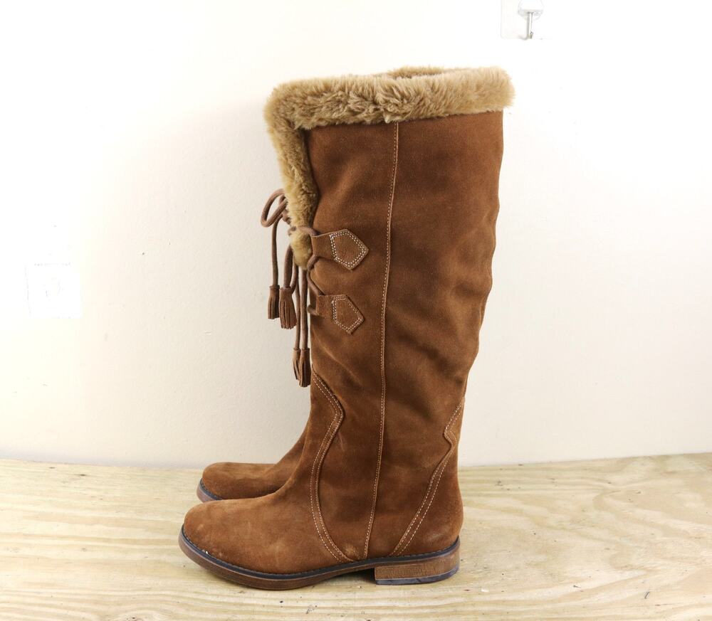 New American Eagle Boots 7.5 Brown Suede Faux Fur Lined Vintage Boho Hippie Tall